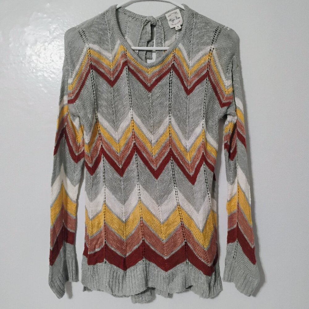 Hippie Rose Chevron Knit Sweater Gray Multi Tie Back Size M